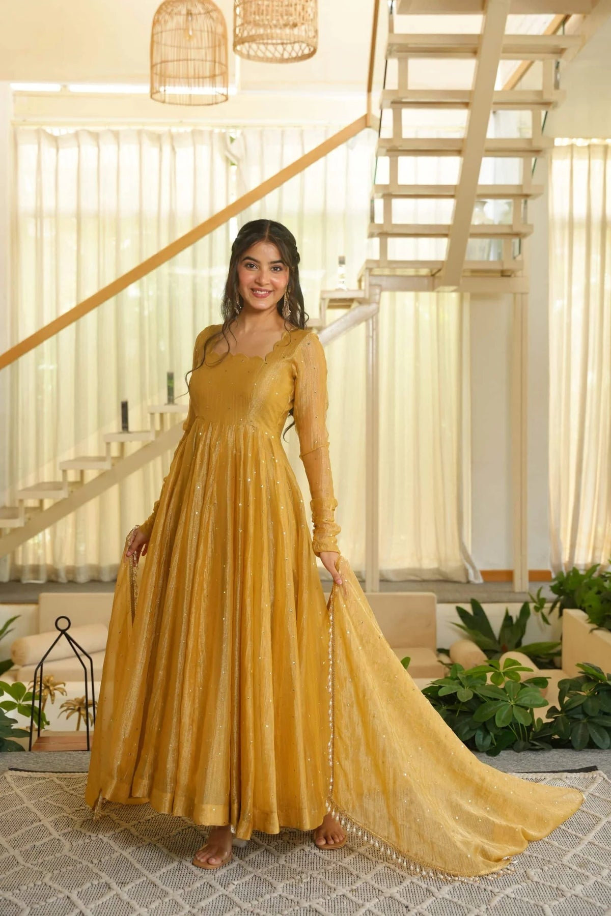 Mustard Yellow Sequin Work Anarkali Gown with Dupatta
