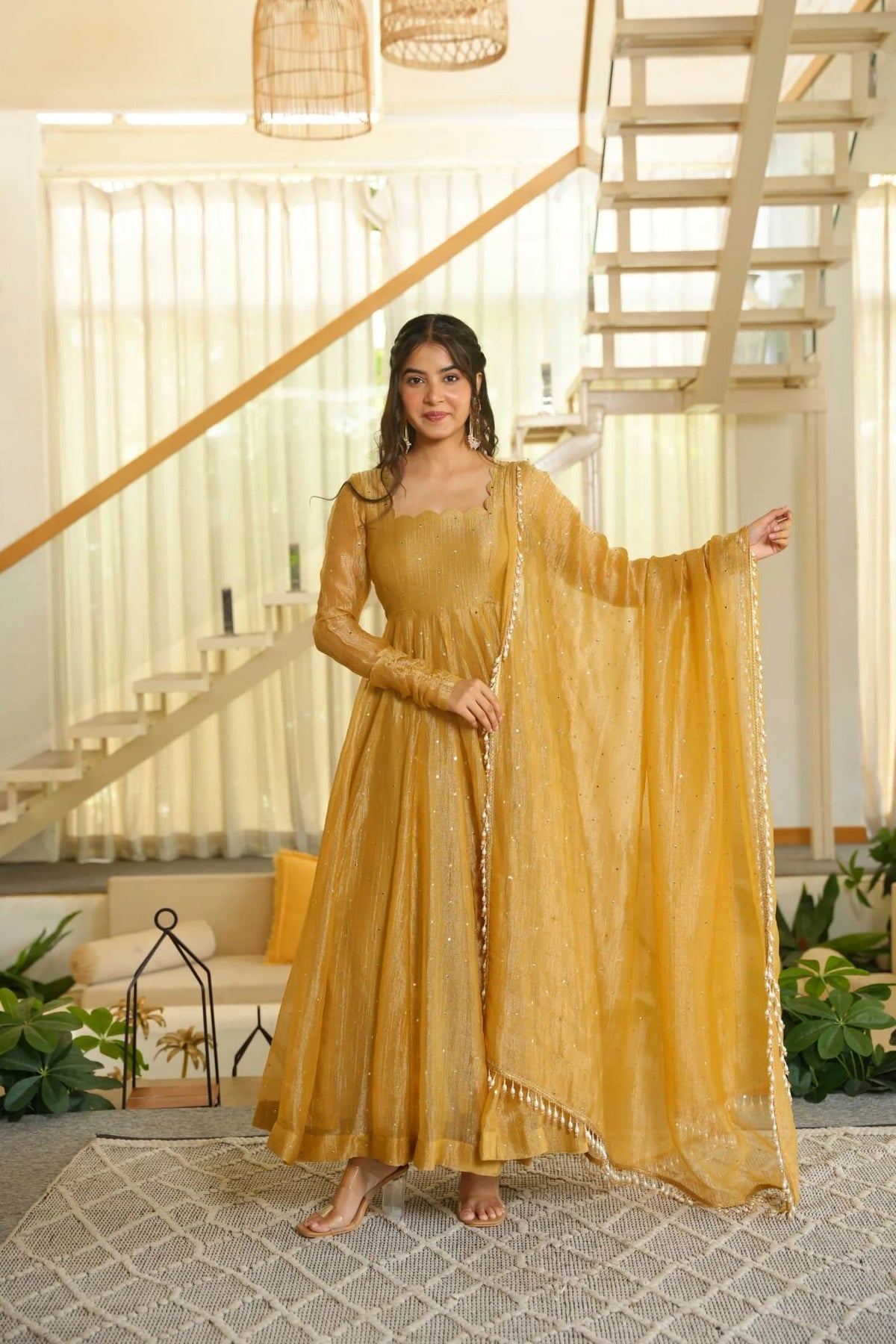 Mustard Yellow Sequin Work Anarkali Gown with Dupatta