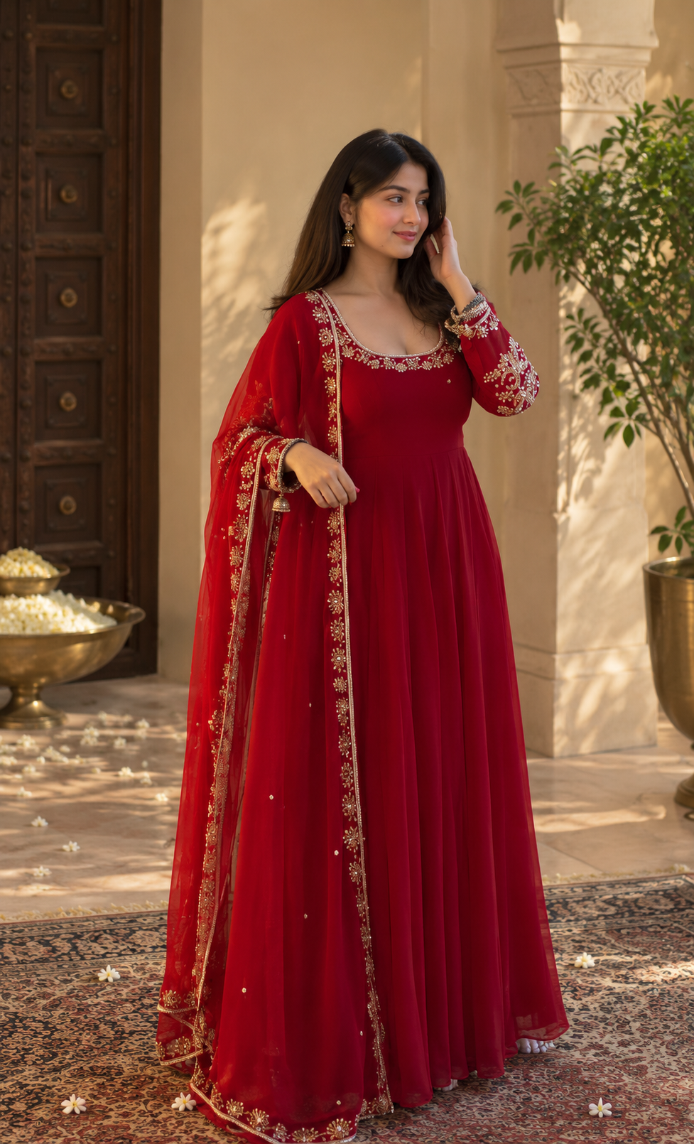 Regal Crimson Red Floor-Length Anarkali Suit Set with Intricate Gold Embroidery
