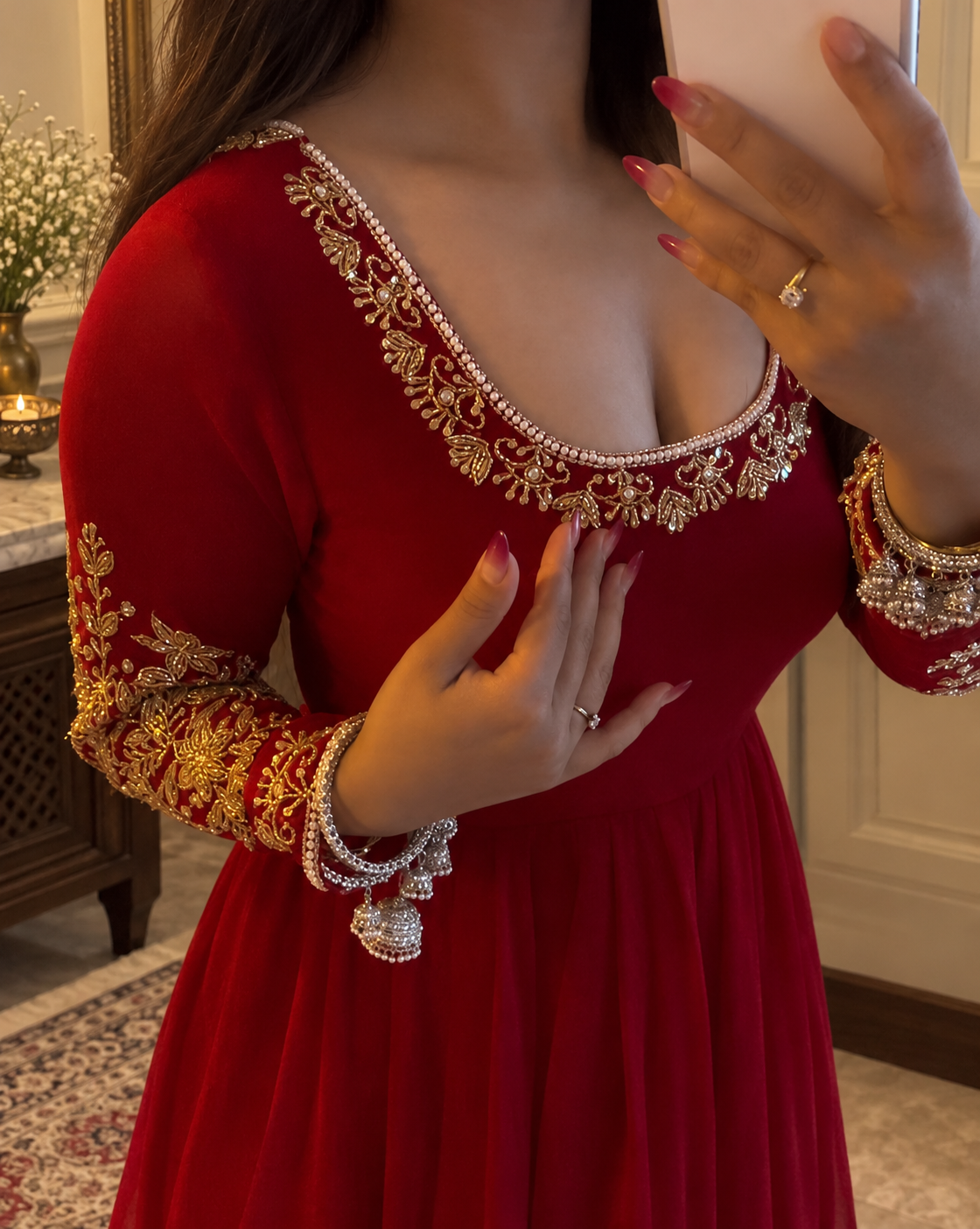 Regal Crimson Red Floor-Length Anarkali Suit Set with Intricate Gold Embroidery