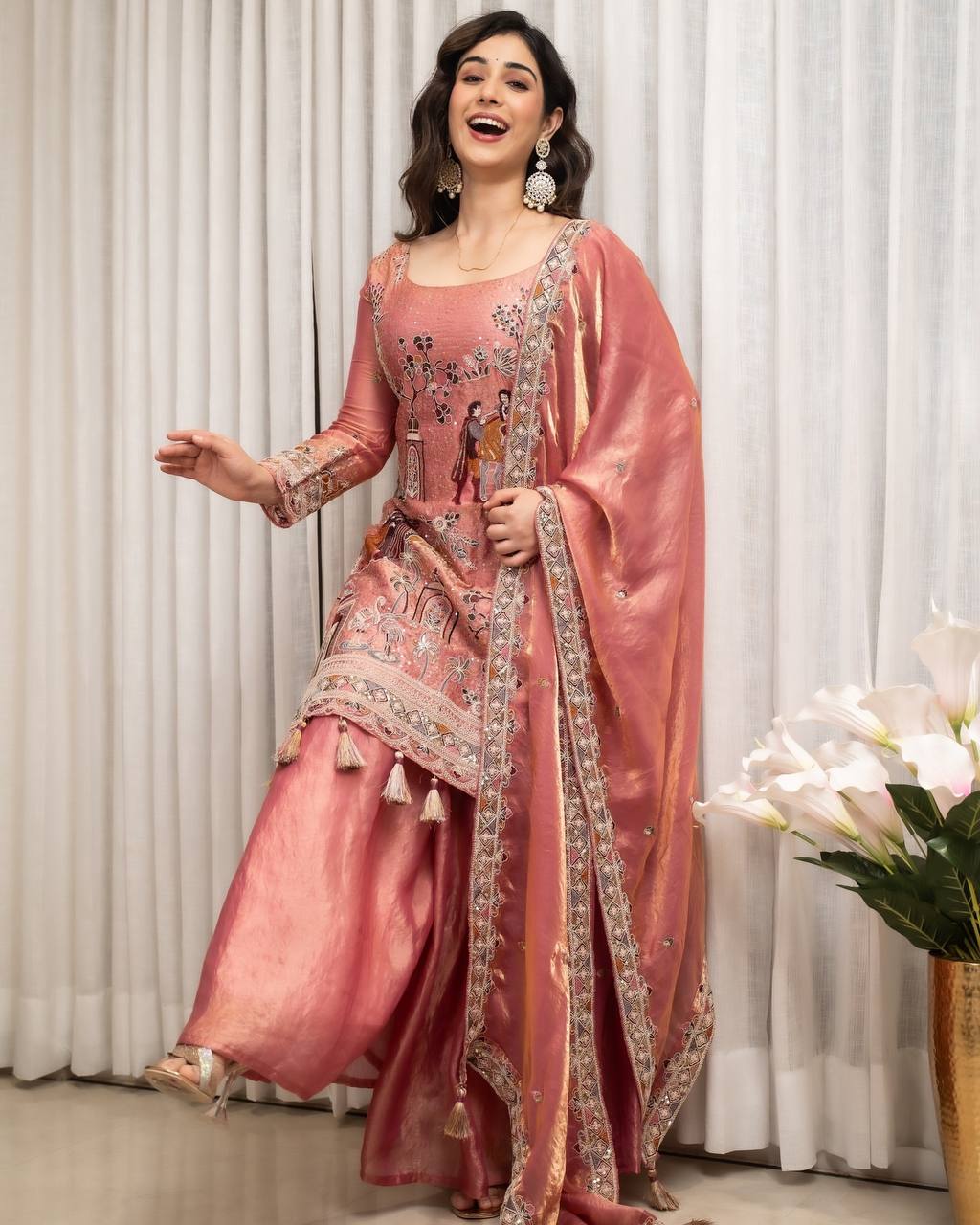 Elegant Peach-Pink & Embroidered Kurta Set with Silk Pants