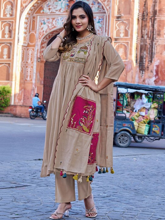 Women's Elegant Beige Chanderi Cotton Flared Kurta with Trousers & Designer Scalloped Dupatta Set