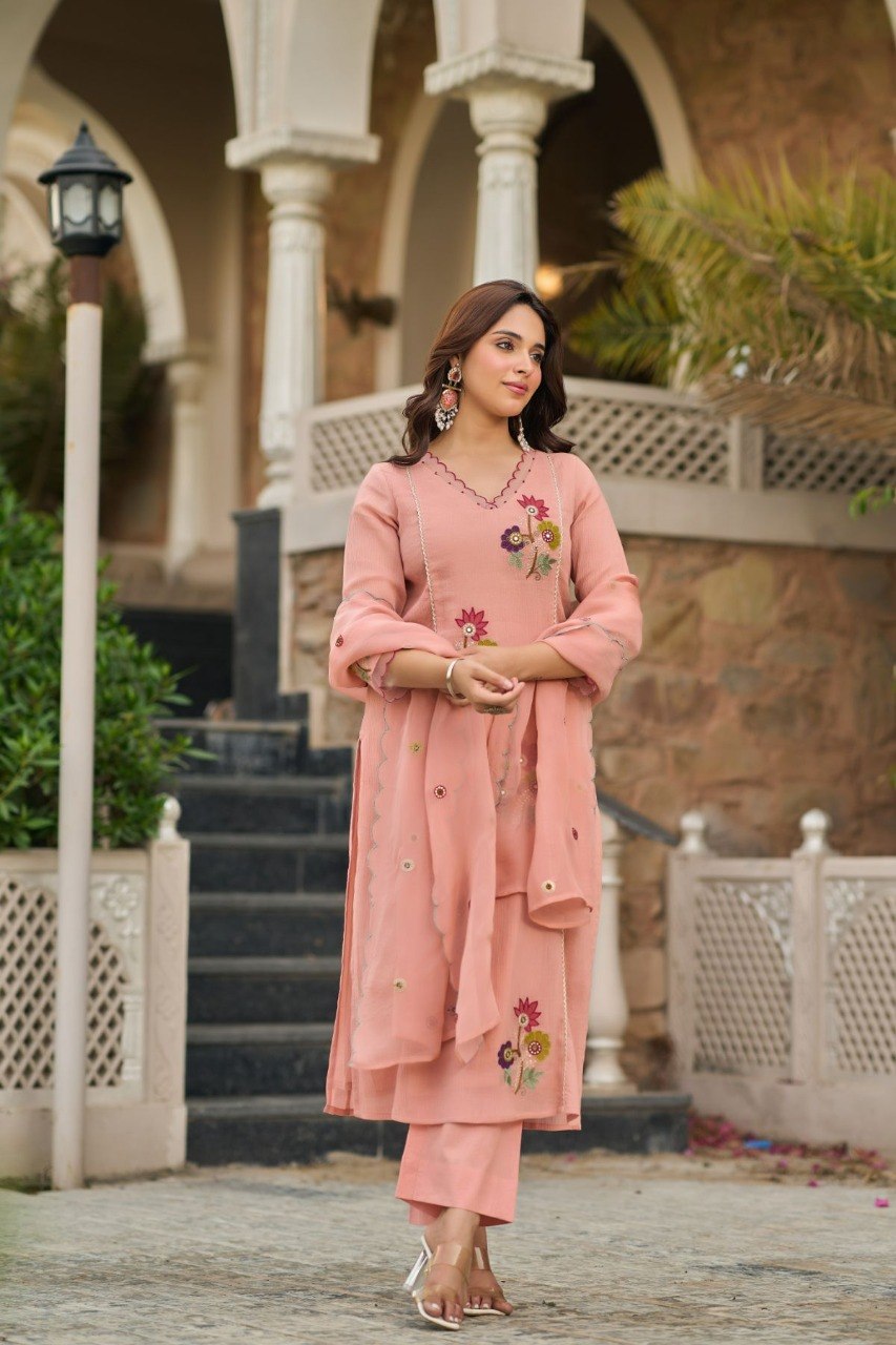 Elegant Peach Blush Floral Embroidered Kurta Set with Dupatta