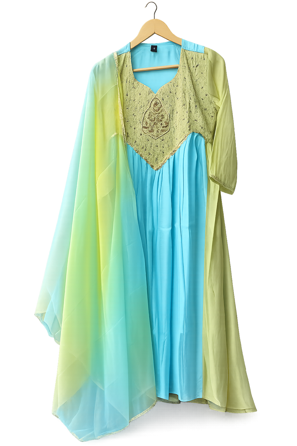 Sky Blue & Lime Green Embroidered Kurta Set with Dupatta for Women