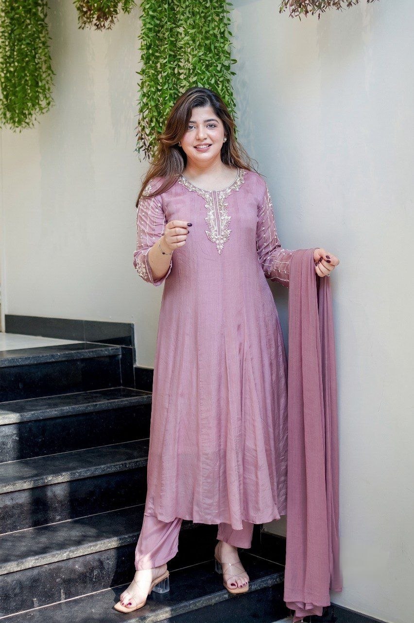 Elegant Mauve Flared Anarkali Kurta Set with Handcrafted Embroidery & Dupatta