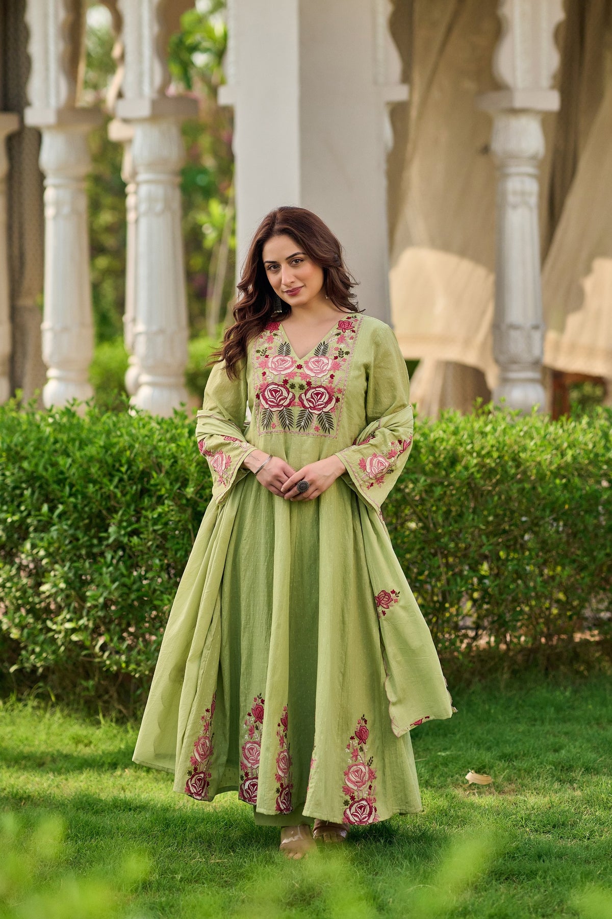 Elegant Sage Green Embroidered Anarkali Kurta Set with Dupatta (3-Piece Set)