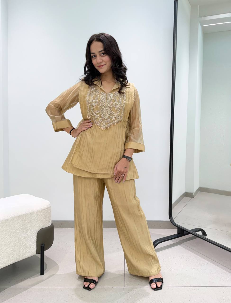Elegant Golden Crushed Tissue Co-Ord Set with Heavy Embroidered Neckline