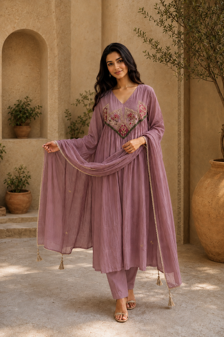 Embroidered Anarkali Suit Set with Dupatta