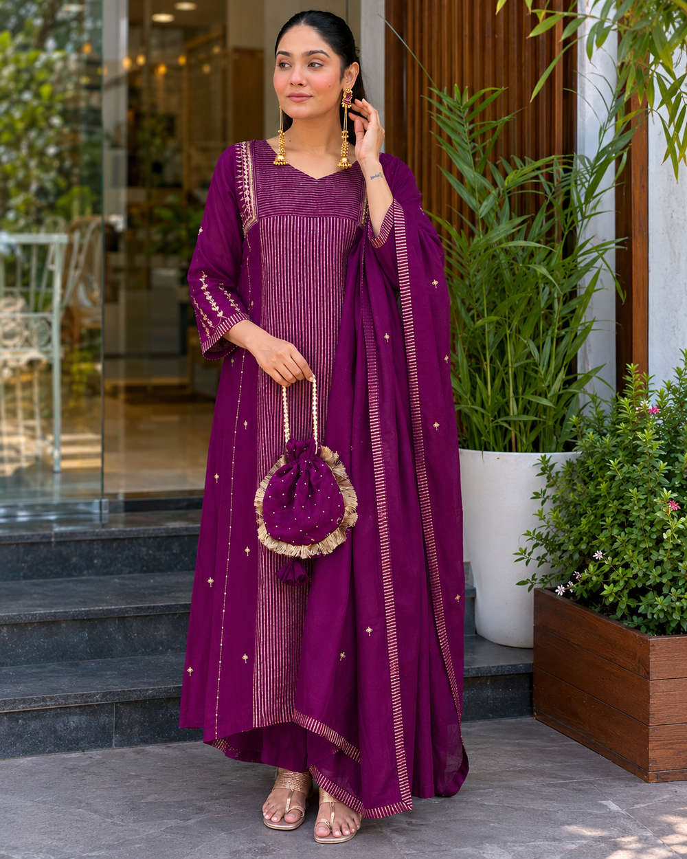 Women's Premium Deep Purple Embroidered Straight Kurta Set with Dupatta