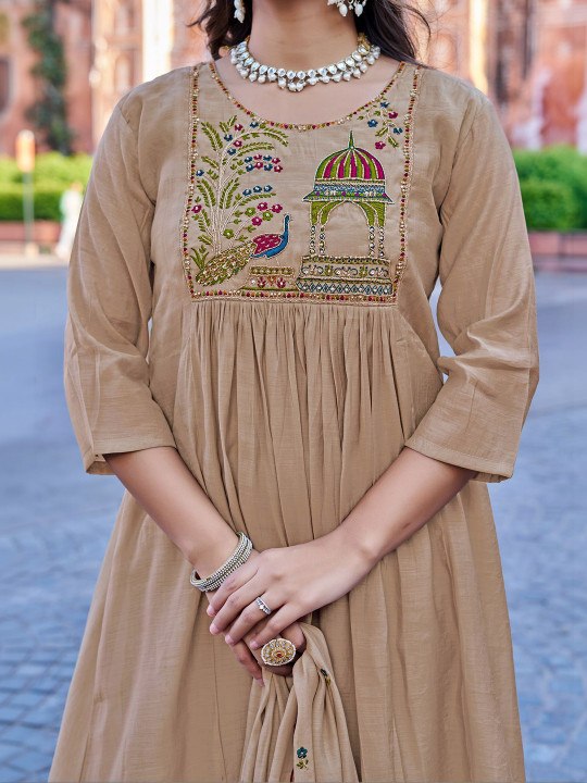 Women's Elegant Beige Chanderi Cotton Flared Kurta with Trousers & Designer Scalloped Dupatta Set