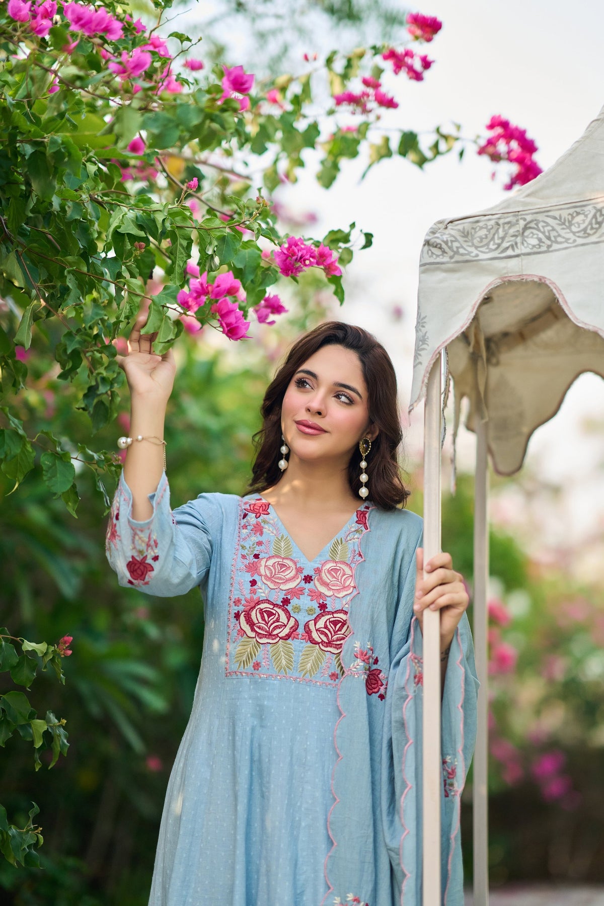 Sky Blue Cotton Crush Embroidered Anarkali Suit Set with Dupatta
