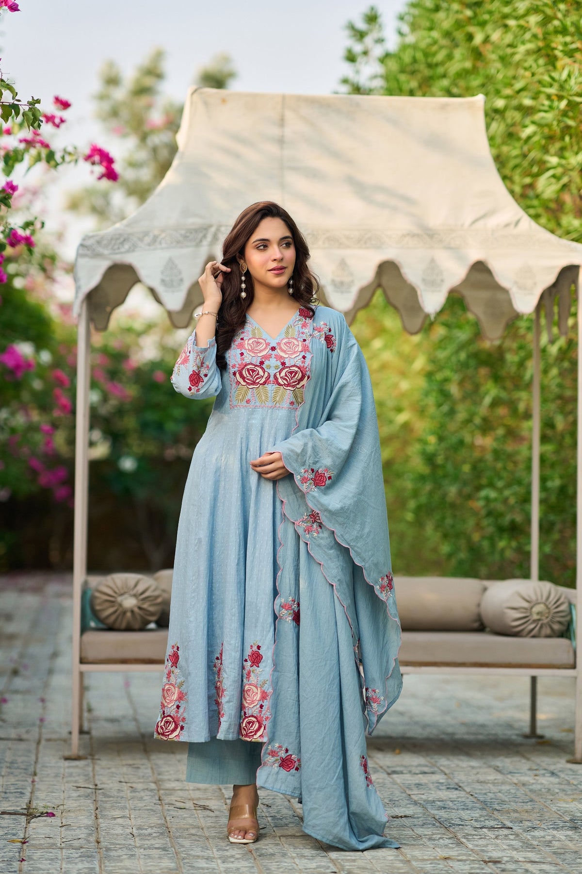 Sky Blue Cotton Crush Embroidered Anarkali Suit Set with Dupatta