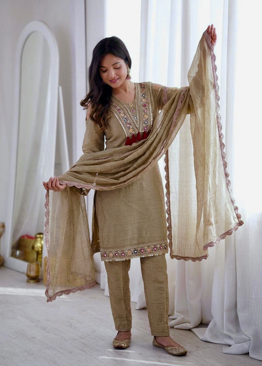 Radiant Olive Elegance: Embroidered Chanderi Kurta Set with Dupatta