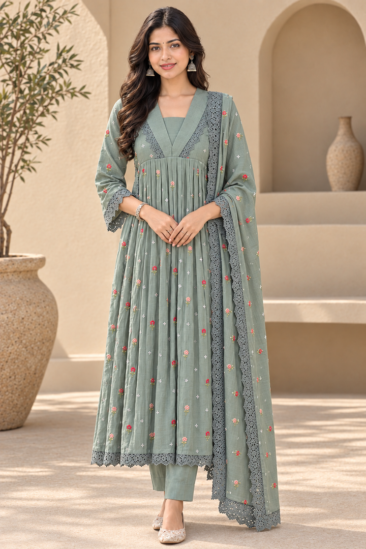 Women's Sage Green Embroidered Cotton Silk Anarkali Kurta Set with Pant & Dupatta