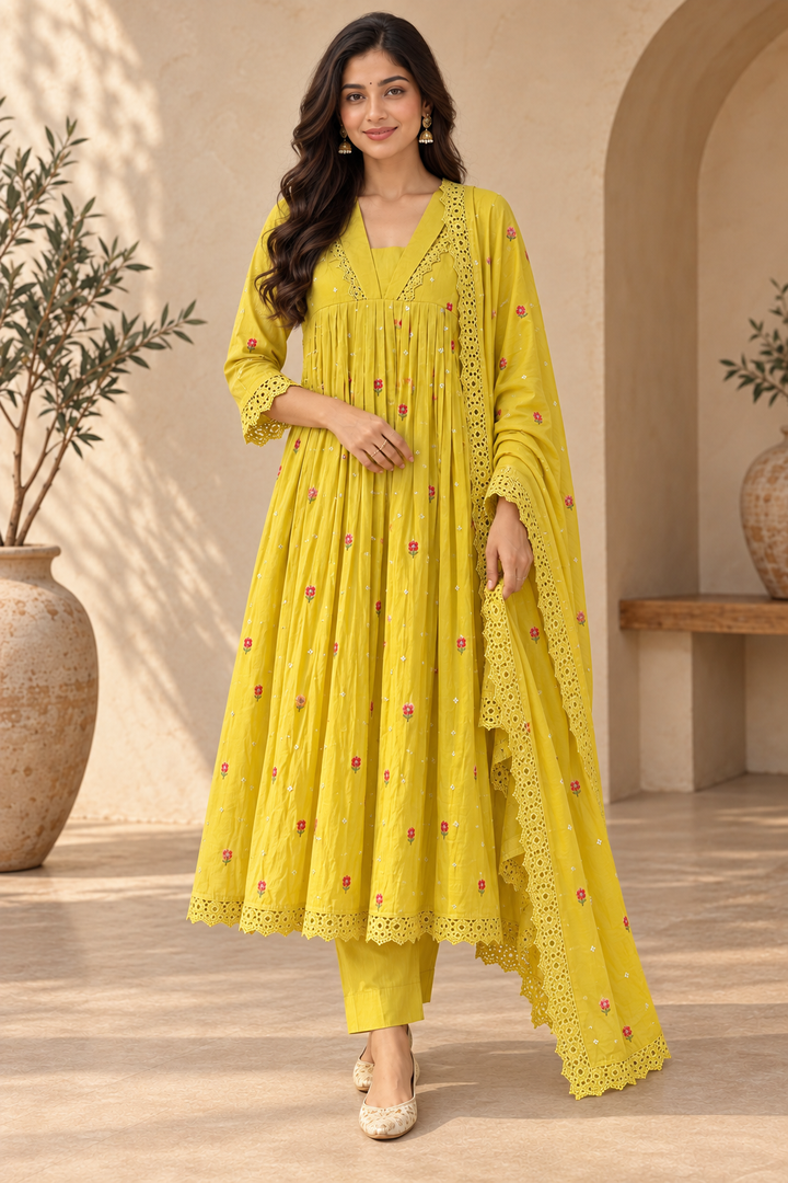 Women's Embroidered Anarkali Suit Set with Lace Dupatta
