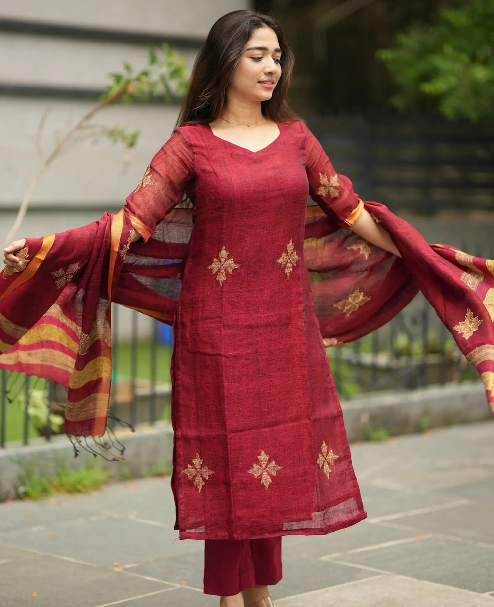Women’s Maroon Embroidered Kurta Pant Set with Dupatta
