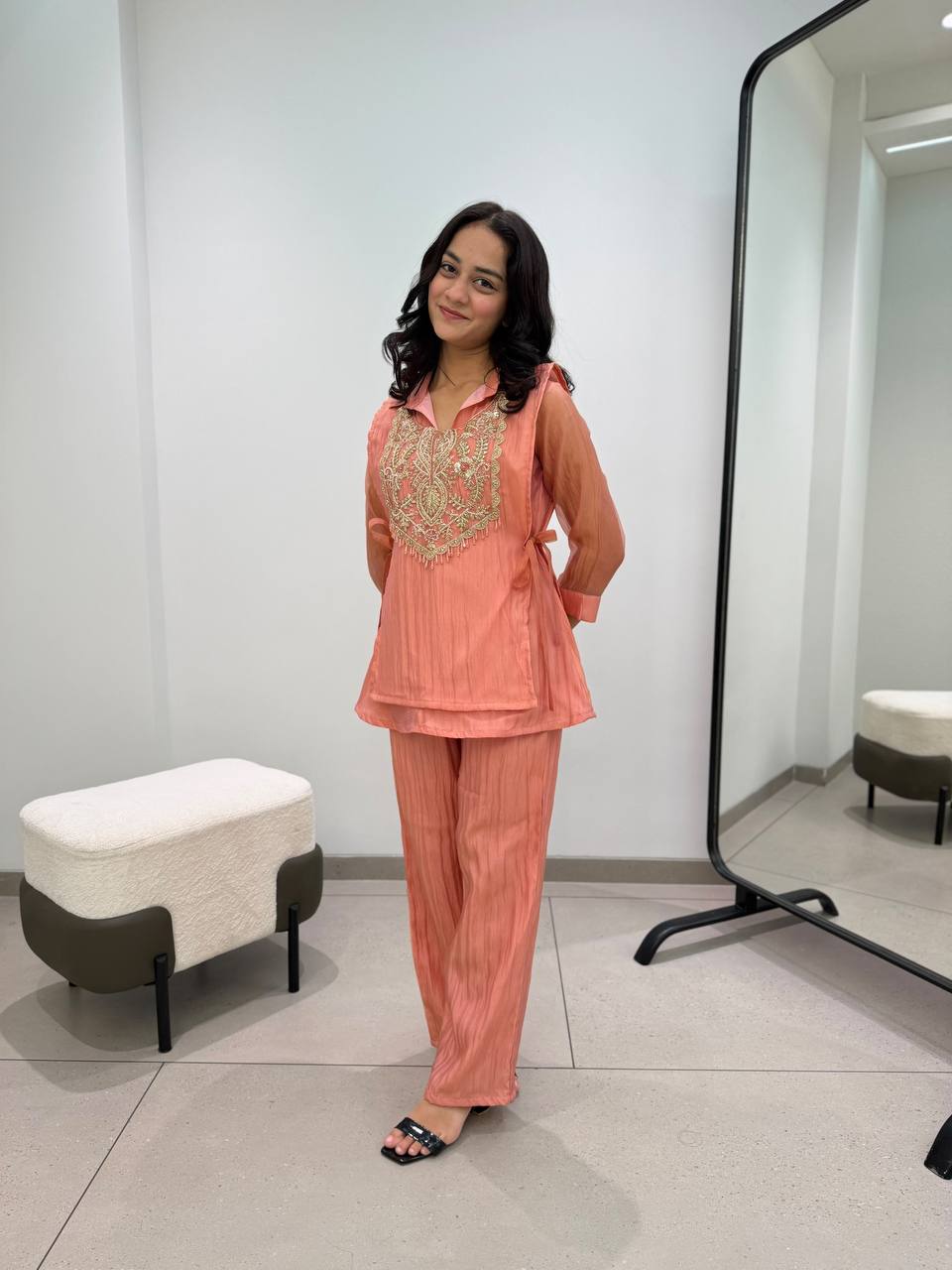 Peach Luxe Festive Co-Ord Set with Intricate Yoke Embroidery