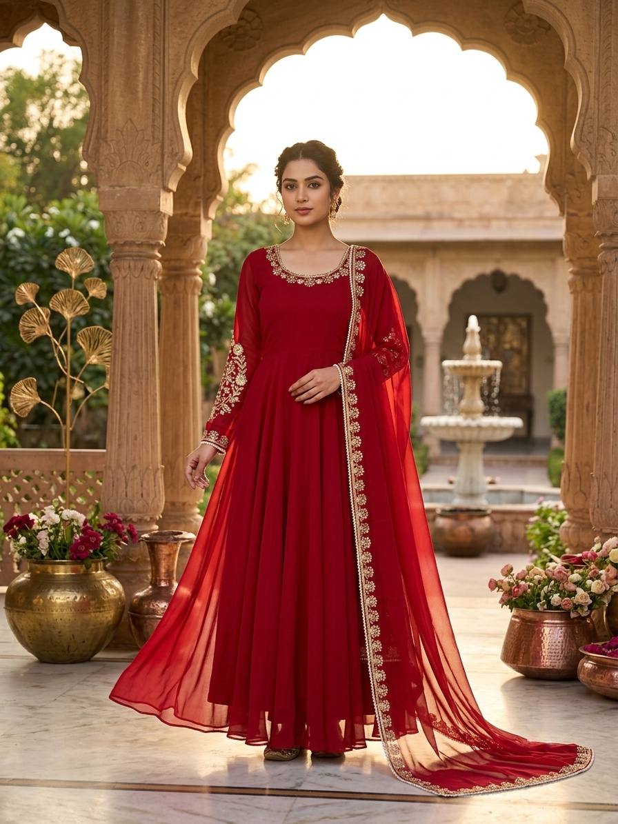 Regal Crimson Red Floor-Length Anarkali Suit Set with Intricate Gold Embroidery