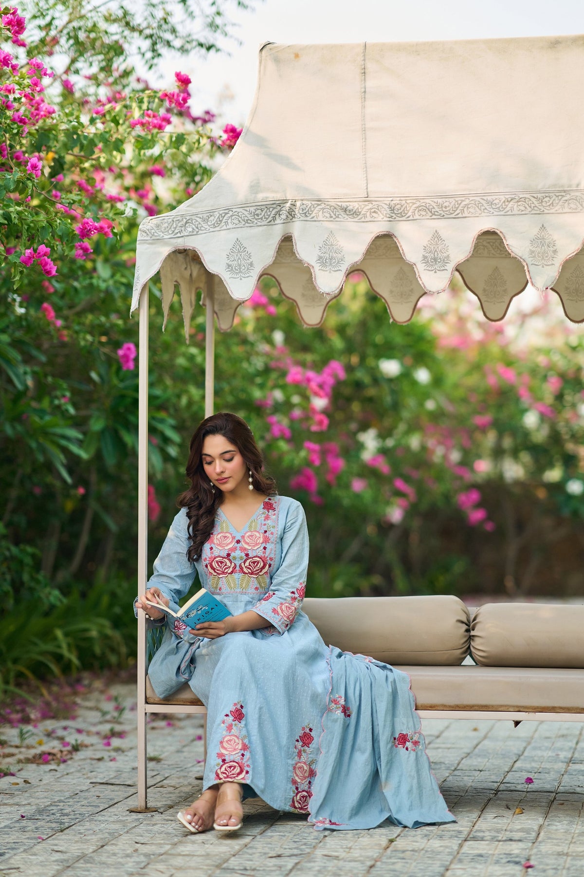 Sky Blue Cotton Crush Embroidered Anarkali Suit Set with Dupatta