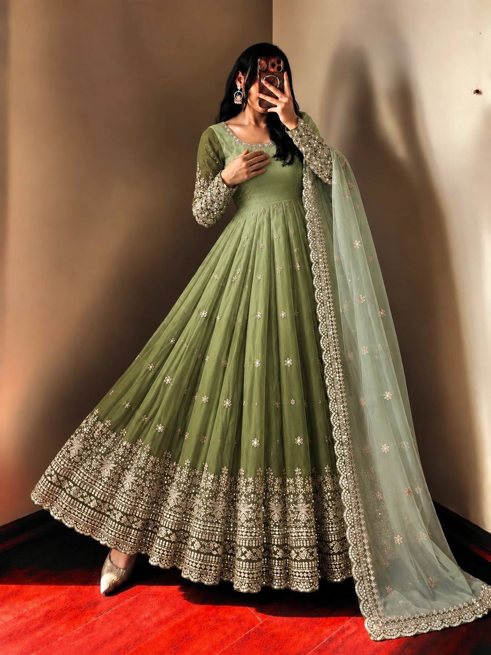 Elegant Olive Green Anarkali Gown with Intricate Zari Embroidery