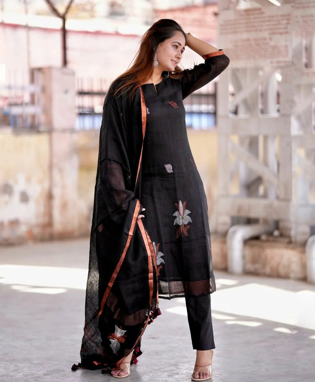 Elegant Black Handwoven Linen Jamdani Kurta Pant Set with Matching Dupatta