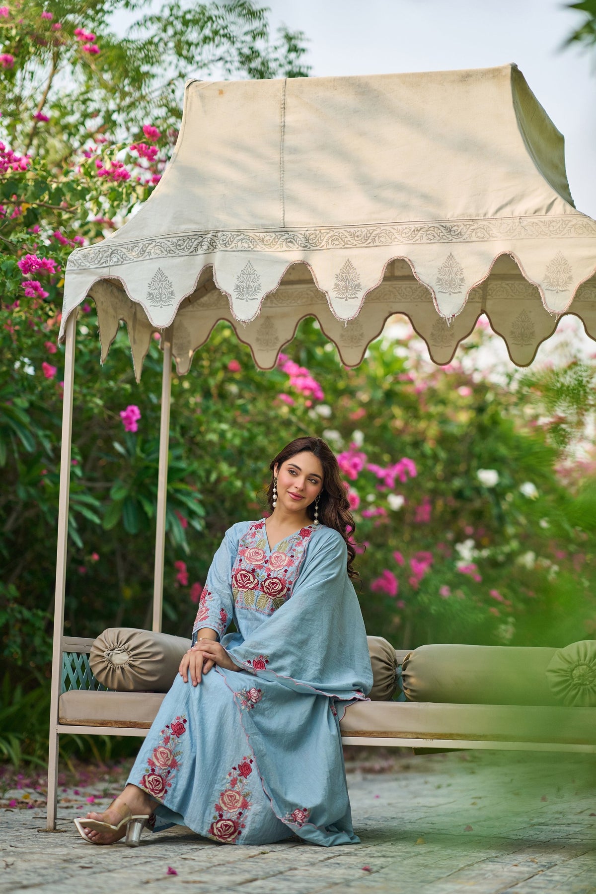 Sky Blue Cotton Crush Embroidered Anarkali Suit Set with Dupatta