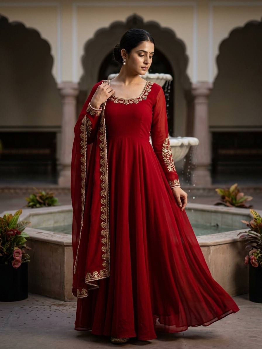 Regal Crimson Red Floor-Length Anarkali Suit Set with Intricate Gold Embroidery
