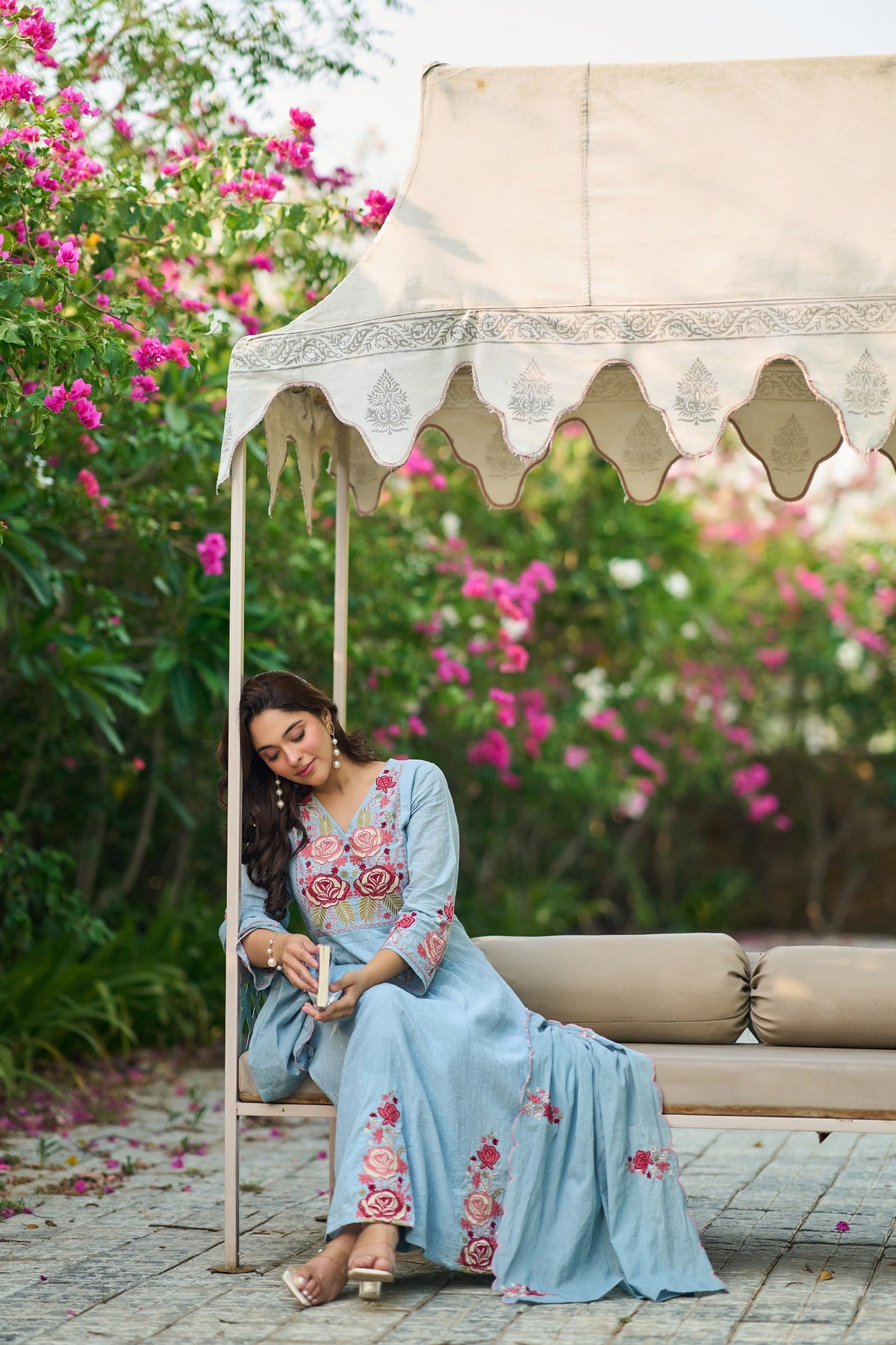 Sky Blue Cotton Crush Embroidered Anarkali Suit Set with Dupatta