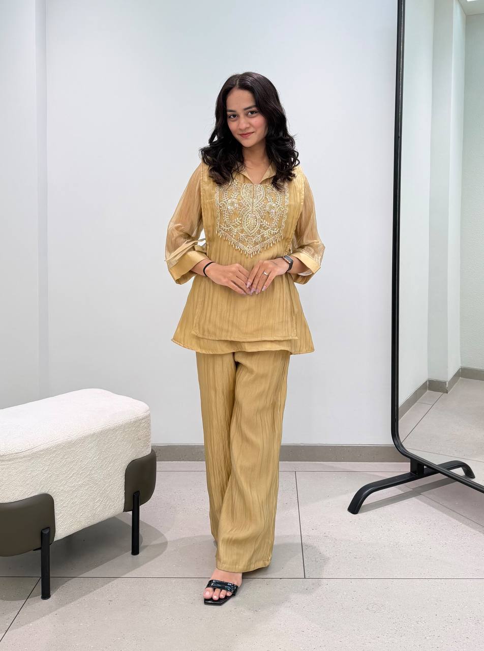 Elegant Golden Crushed Tissue Co-Ord Set with Heavy Embroidered Neckline
