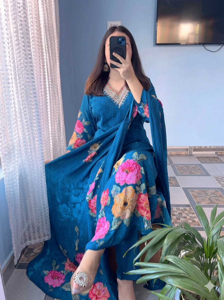 Royal Blue KitKat Silk Kurti Pant Set with Floral Dupatta for Festive Wear