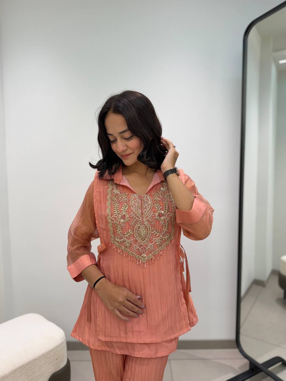 Peach Luxe Festive Co-Ord Set with Intricate Yoke Embroidery