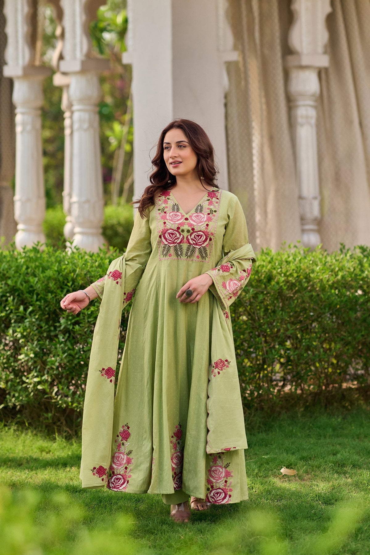 Elegant Sage Green Embroidered Anarkali Kurta Set with Dupatta (3-Piece Set)