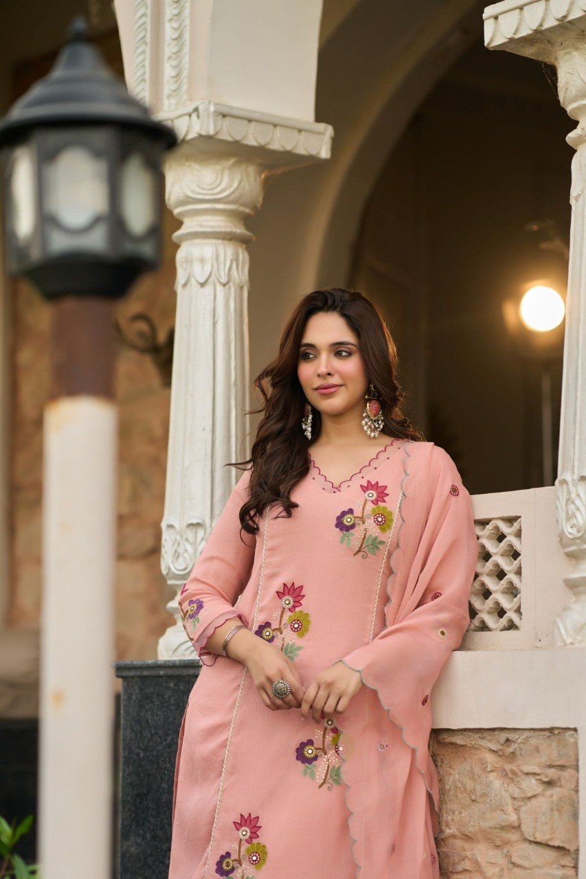 Elegant Peach Blush Floral Embroidered Kurta Set with Dupatta
