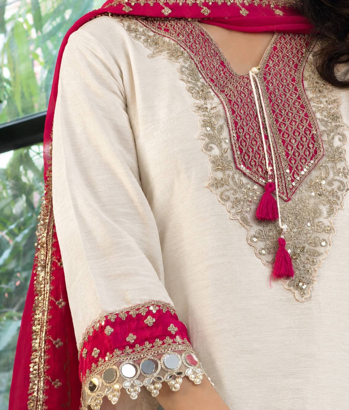 Elegant White Chinon Kurta Pant Set with Rani Pink Embroidered Dupatta – 3-Piece Festive Co-ord Set