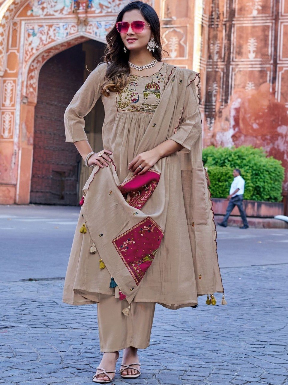 Women's Elegant Beige Chanderi Cotton Flared Kurta with Trousers & Designer Scalloped Dupatta Set