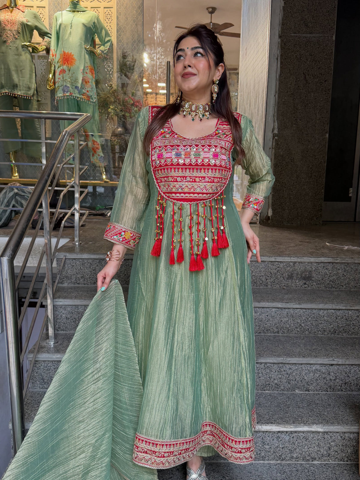 Royal Pista Green Anarkali Kurta Set with Matching Dupatta
