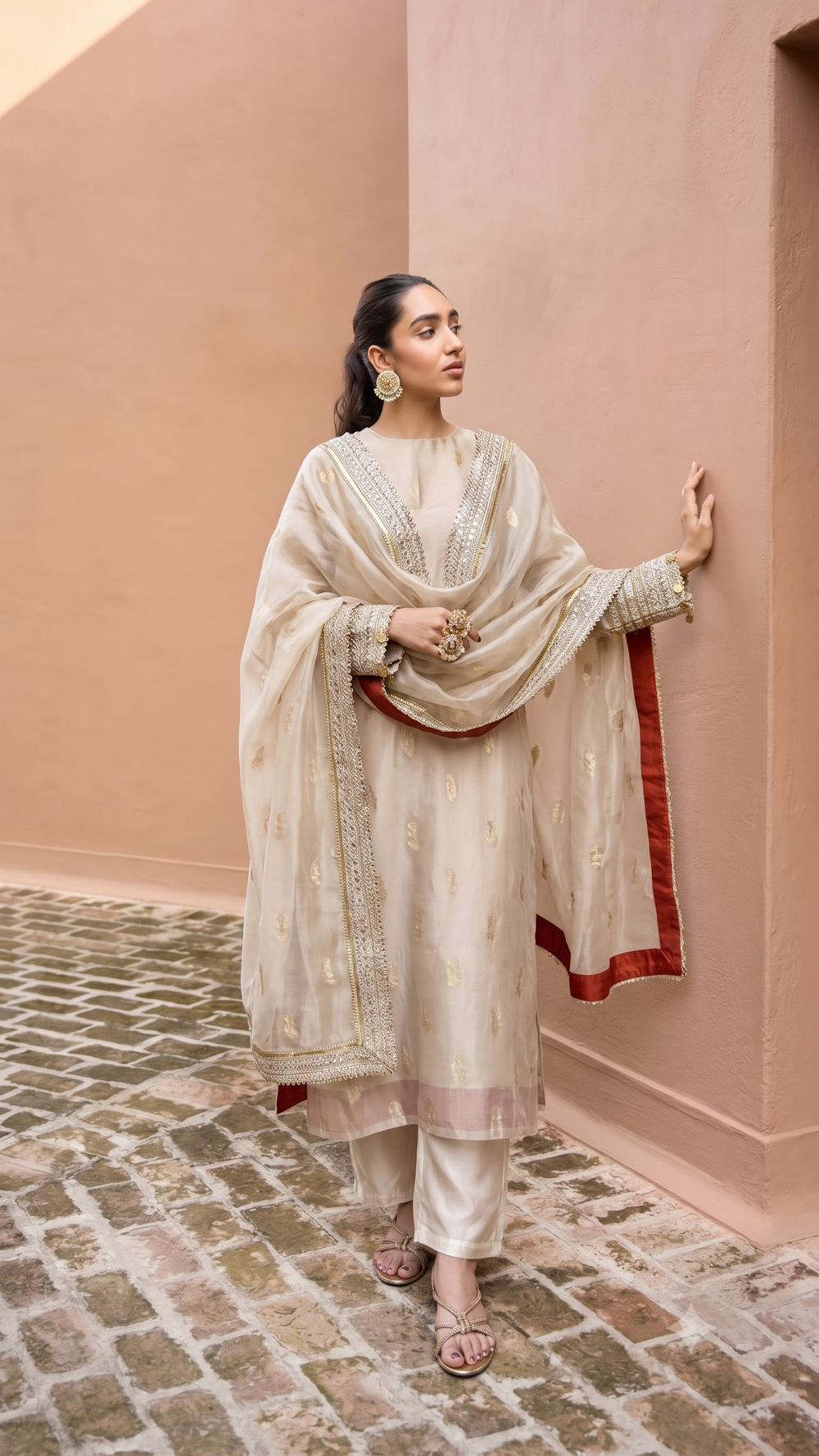 Ivory Gold Embroidered Straight Kurta Set with Dupatta for Women