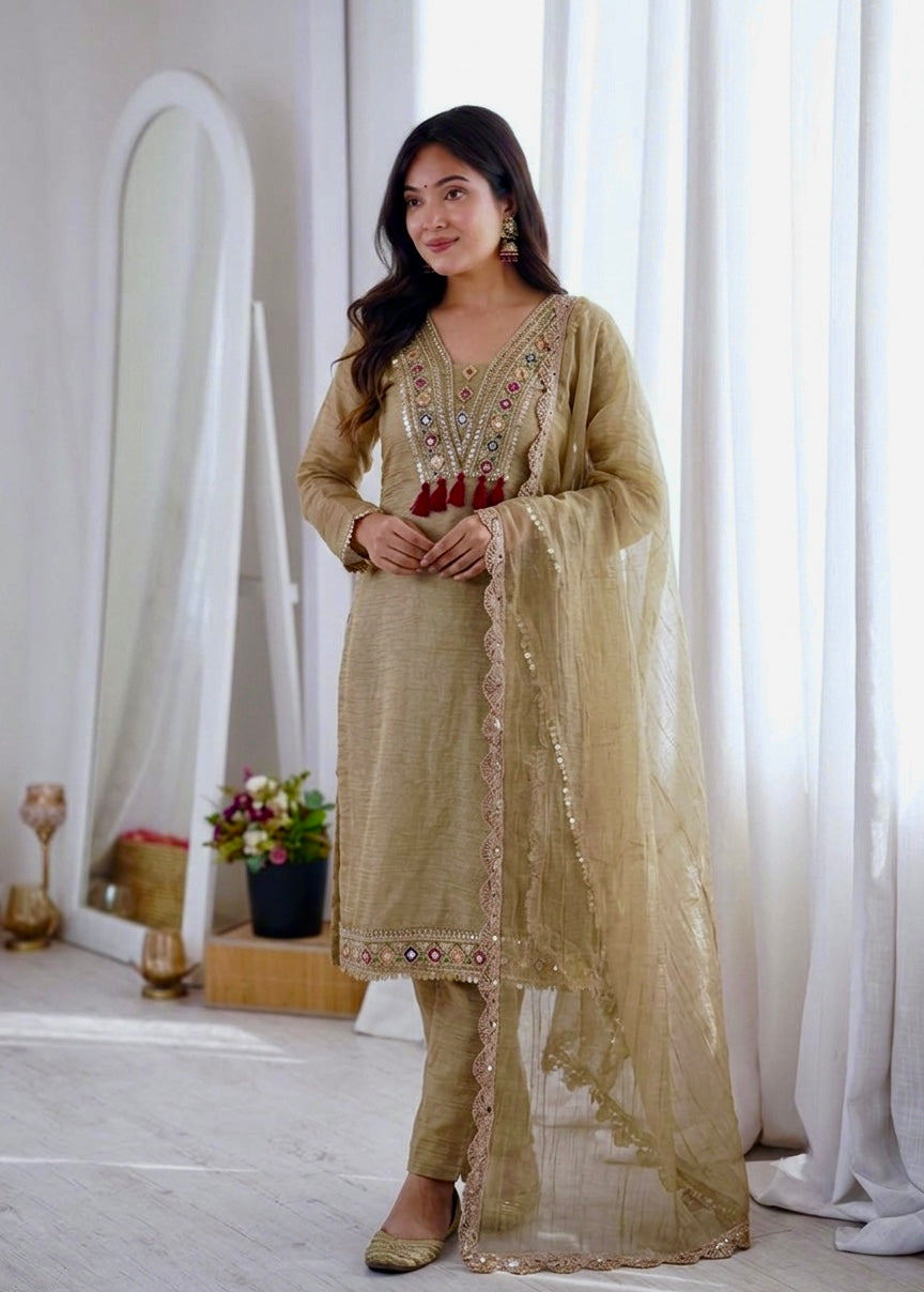 Radiant Olive Elegance: Embroidered Chanderi Kurta Set with Dupatta