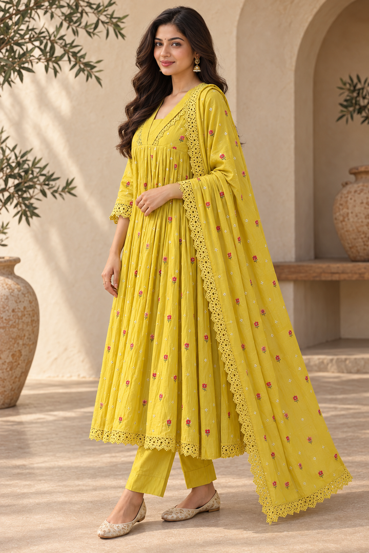 Women's Embroidered Anarkali Suit Set with Lace Dupatta