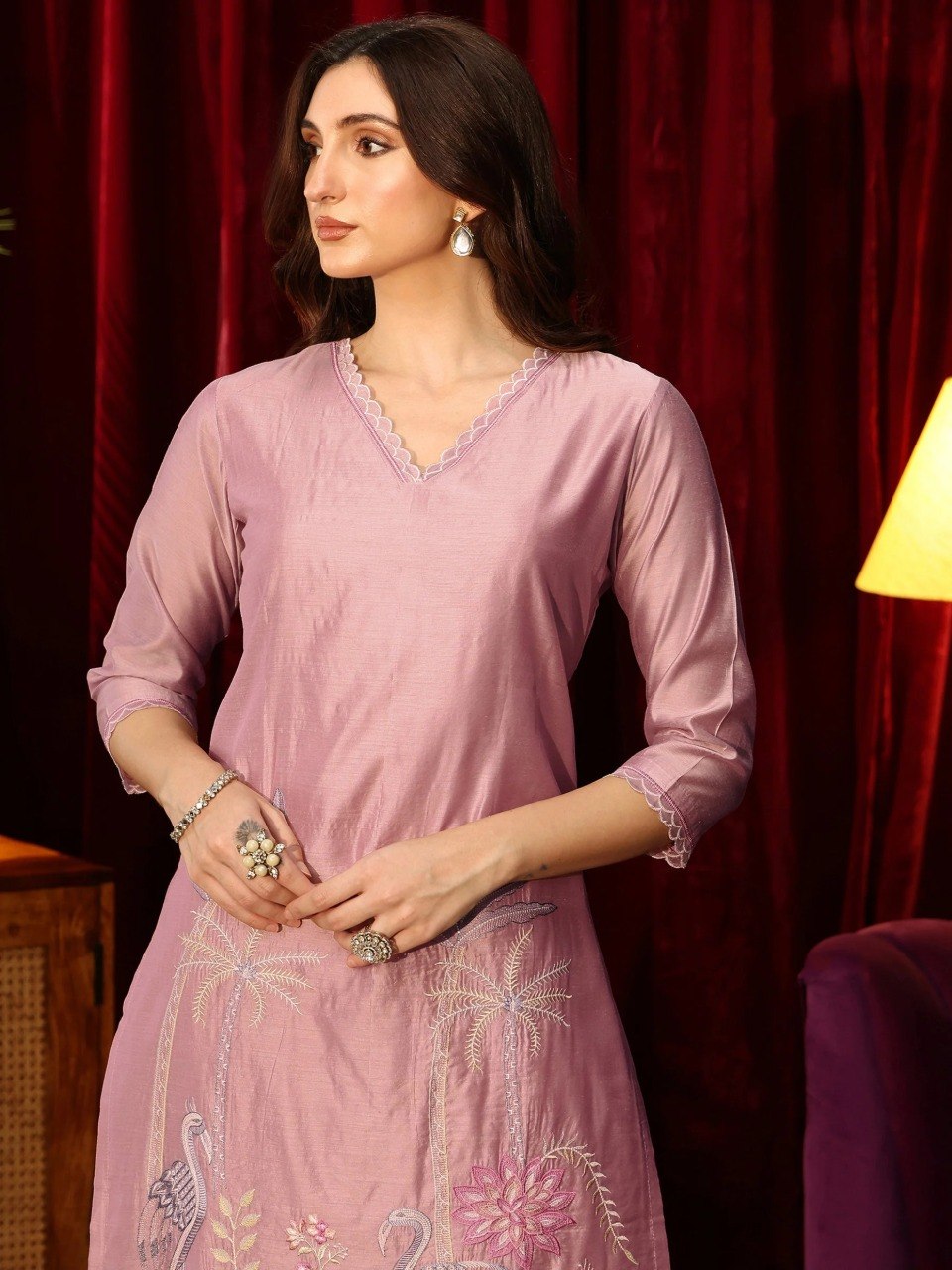 Dusty Pink Floral Embroidered Chanderi Silk Suit Set With Dupatta