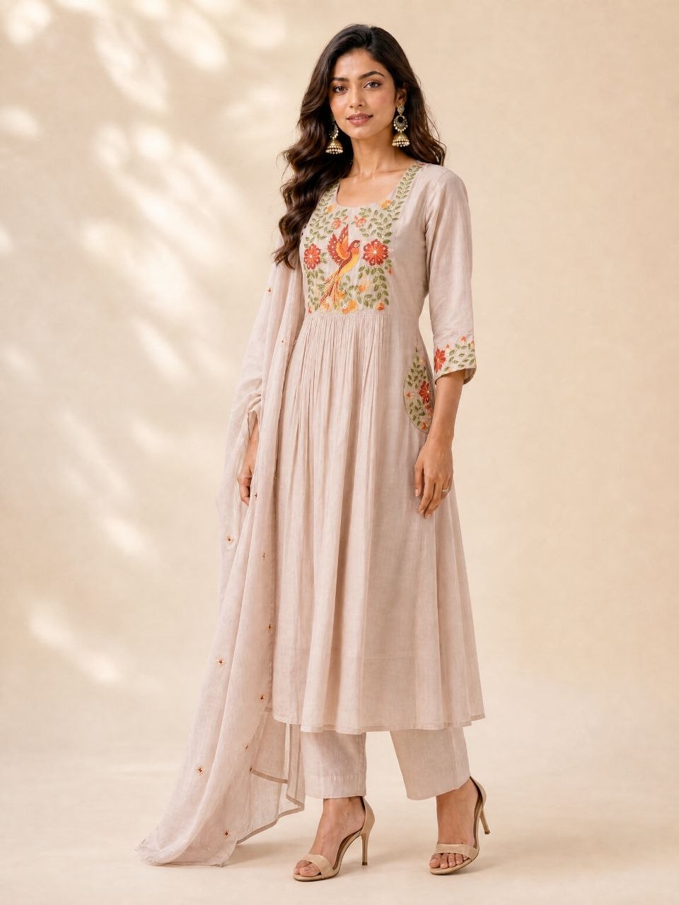Elegant Beige Embroidered Anarkali Kurta Set with Dupatta & Pants