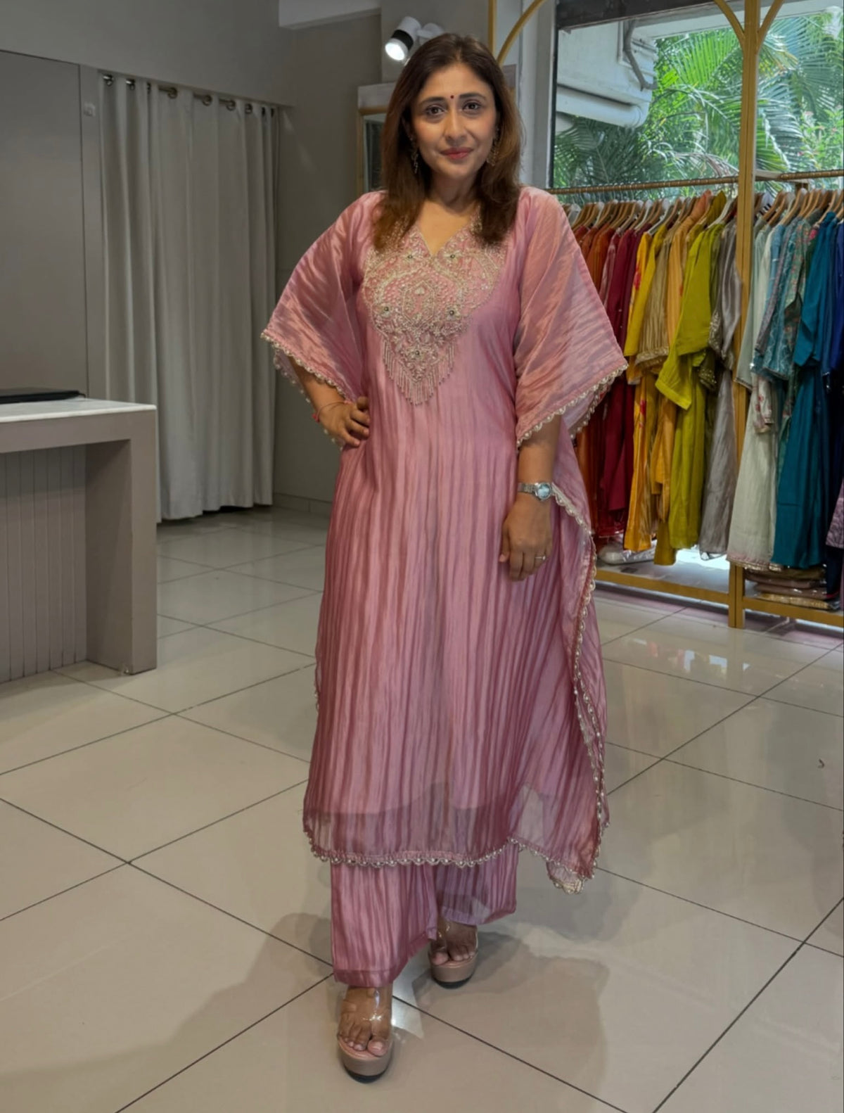 Premium Metallic Pink Glass Tissue Kaftan Set with Matching Pants