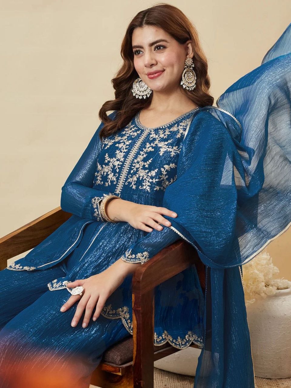 Royal Blue Embroidered Kurta Palazzo Set with Dupatta