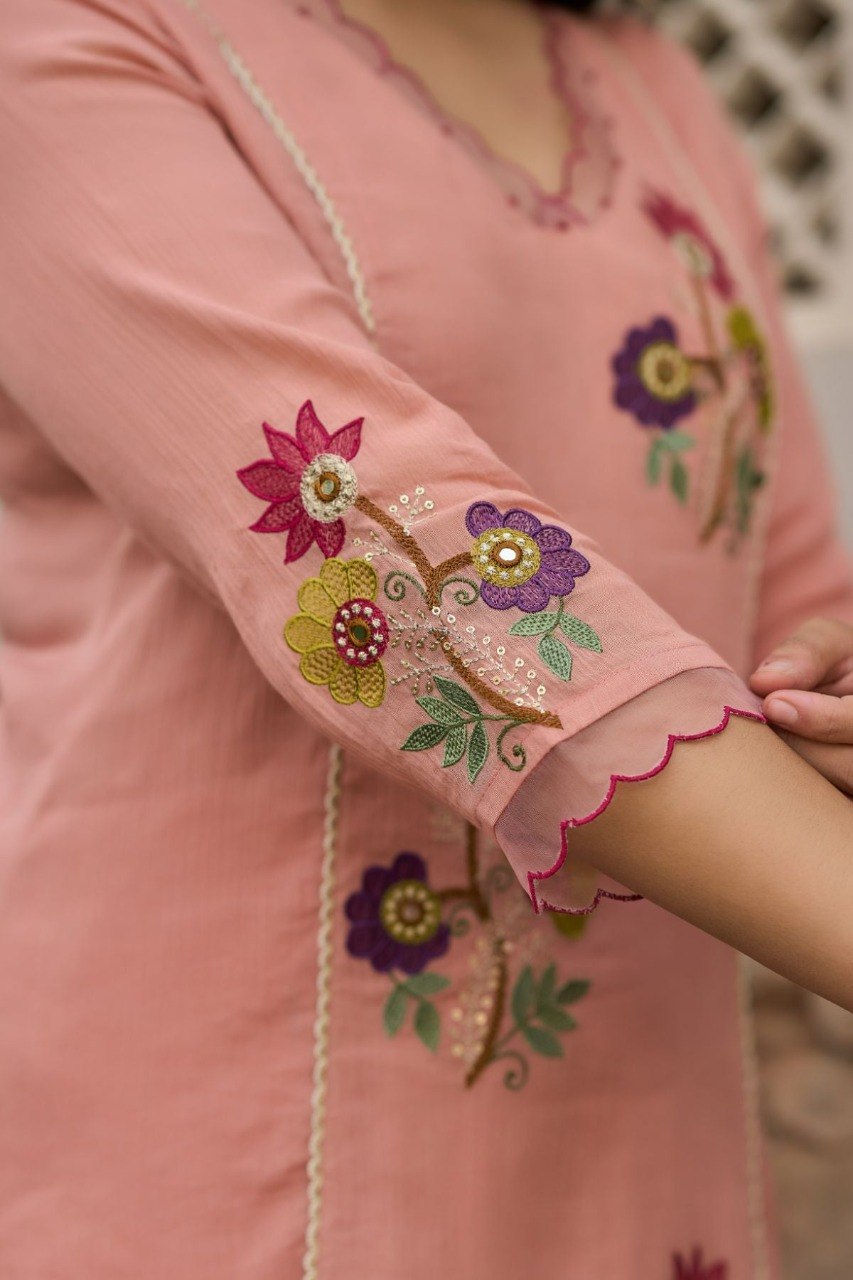 Elegant Peach Blush Floral Embroidered Kurta Set with Dupatta