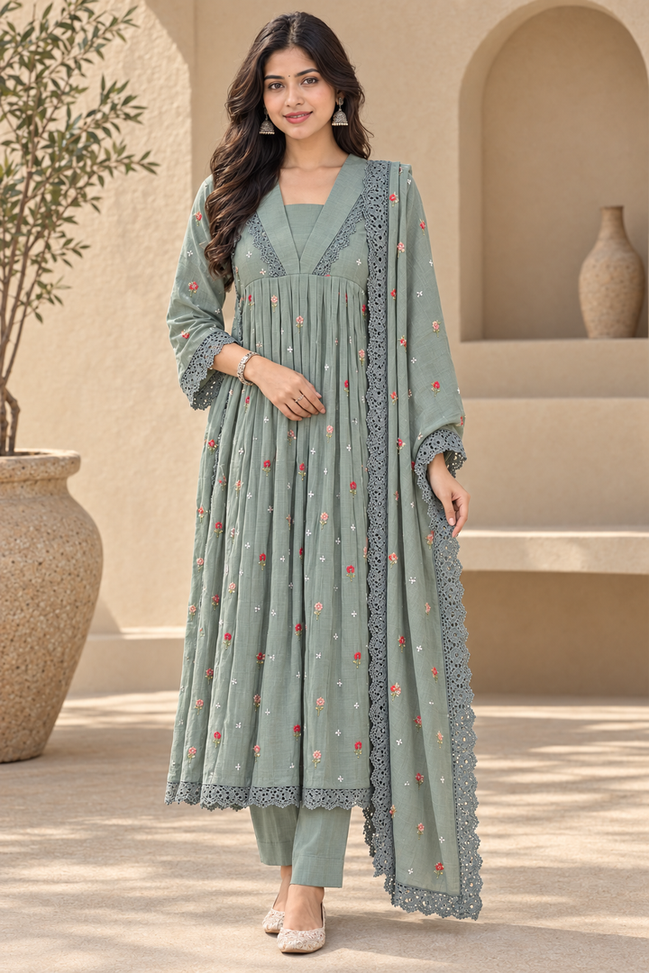 Women's Sage Green Embroidered Cotton Silk Anarkali Kurta Set with Pant & Dupatta