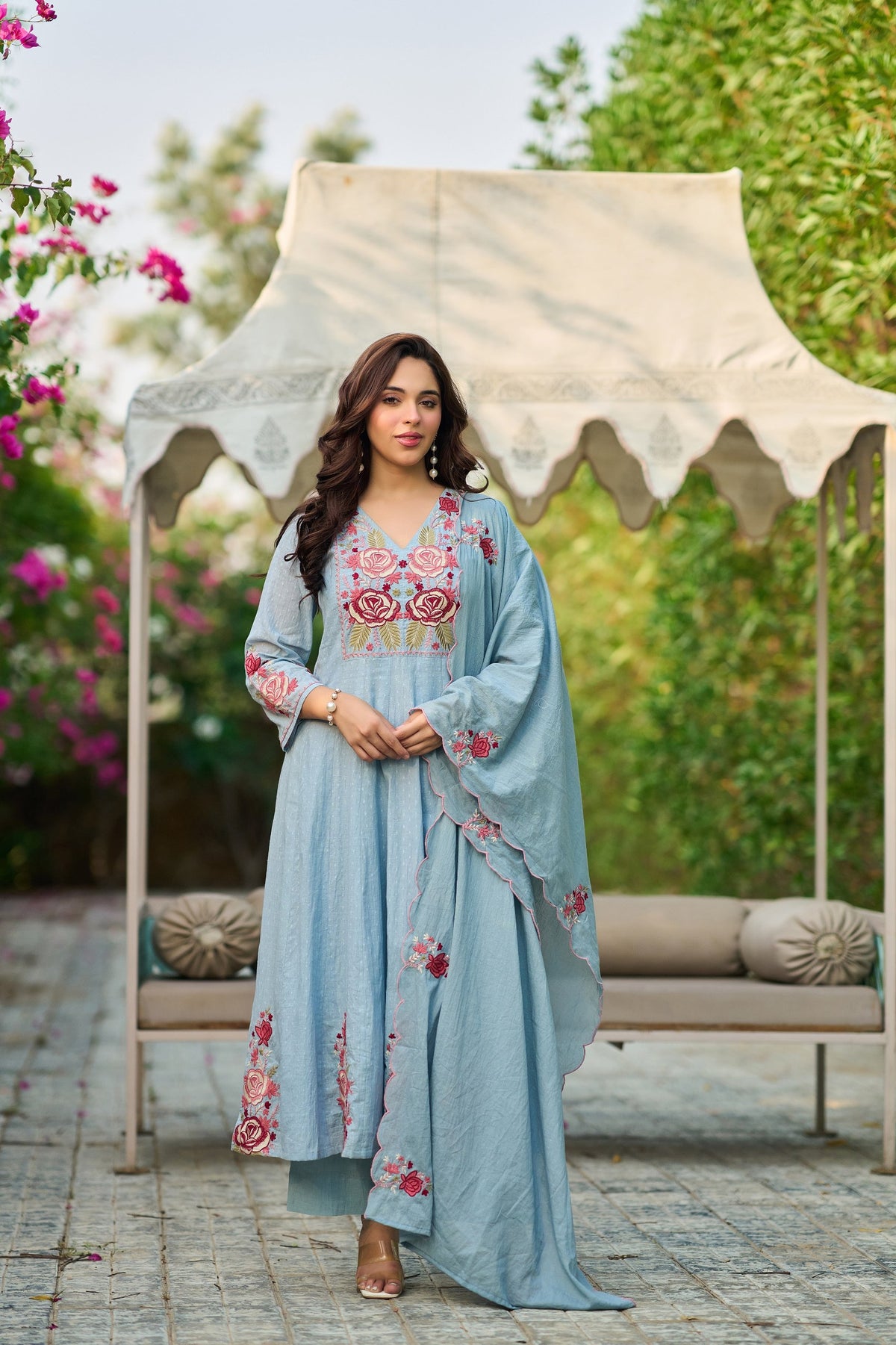 Sky Blue Cotton Crush Embroidered Anarkali Suit Set with Dupatta