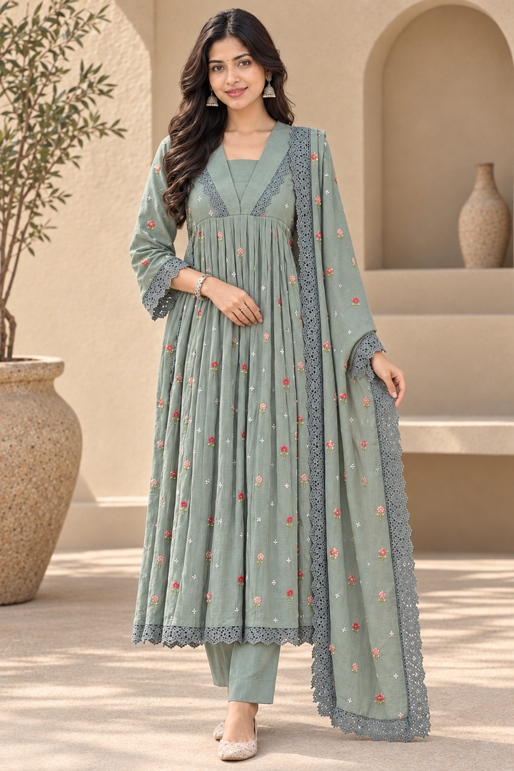 Women's Sage Green Embroidered Cotton Silk Anarkali Kurta Set with Pant & Dupatta