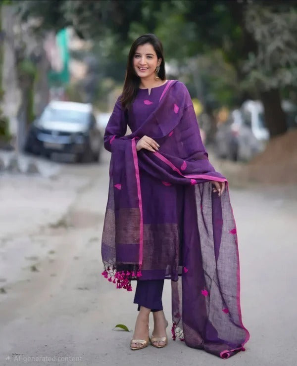 Purple Ethnic Kurta Pant Set with Dupatta