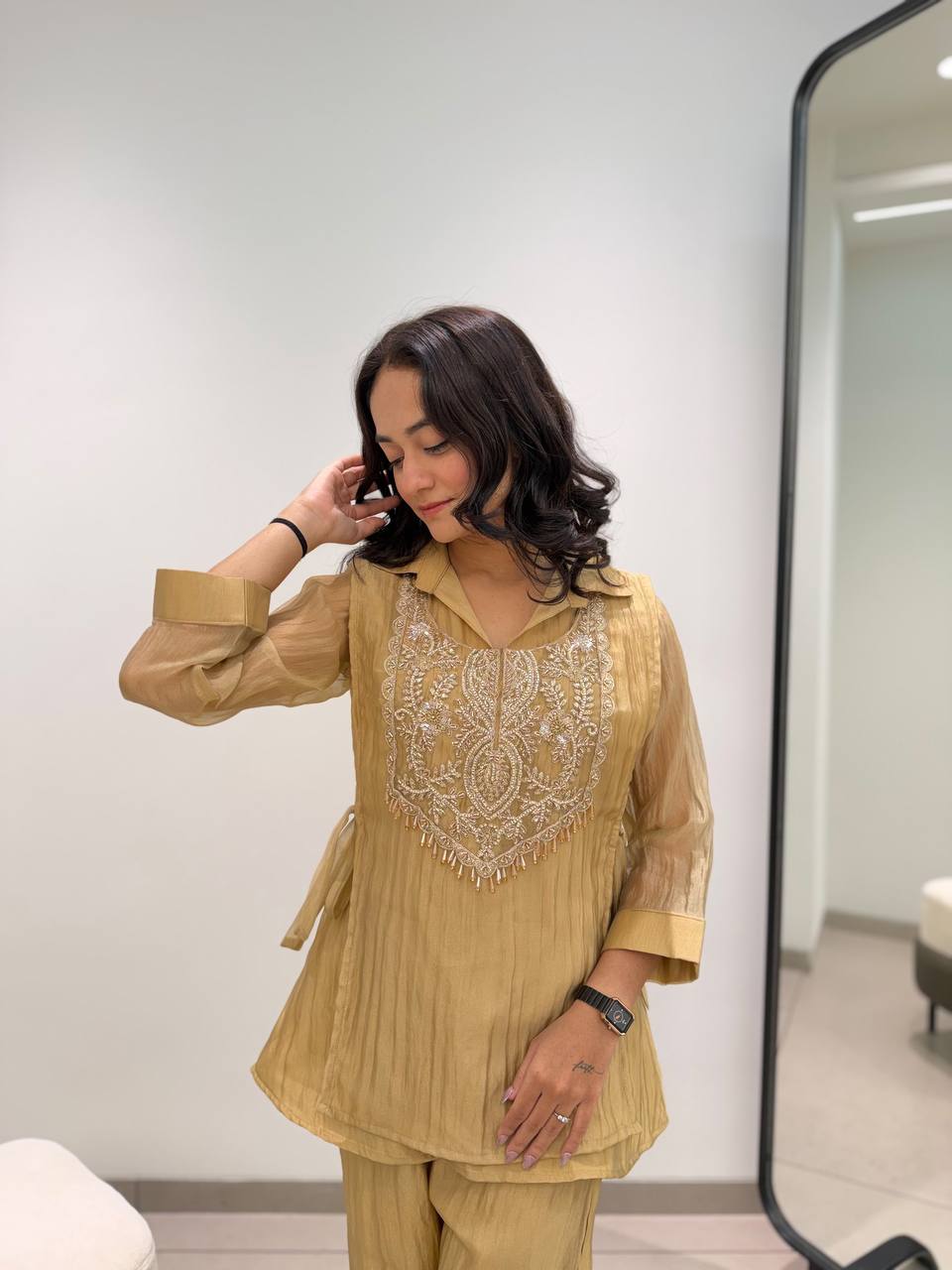 Elegant Golden Crushed Tissue Co-Ord Set with Heavy Embroidered Neckline