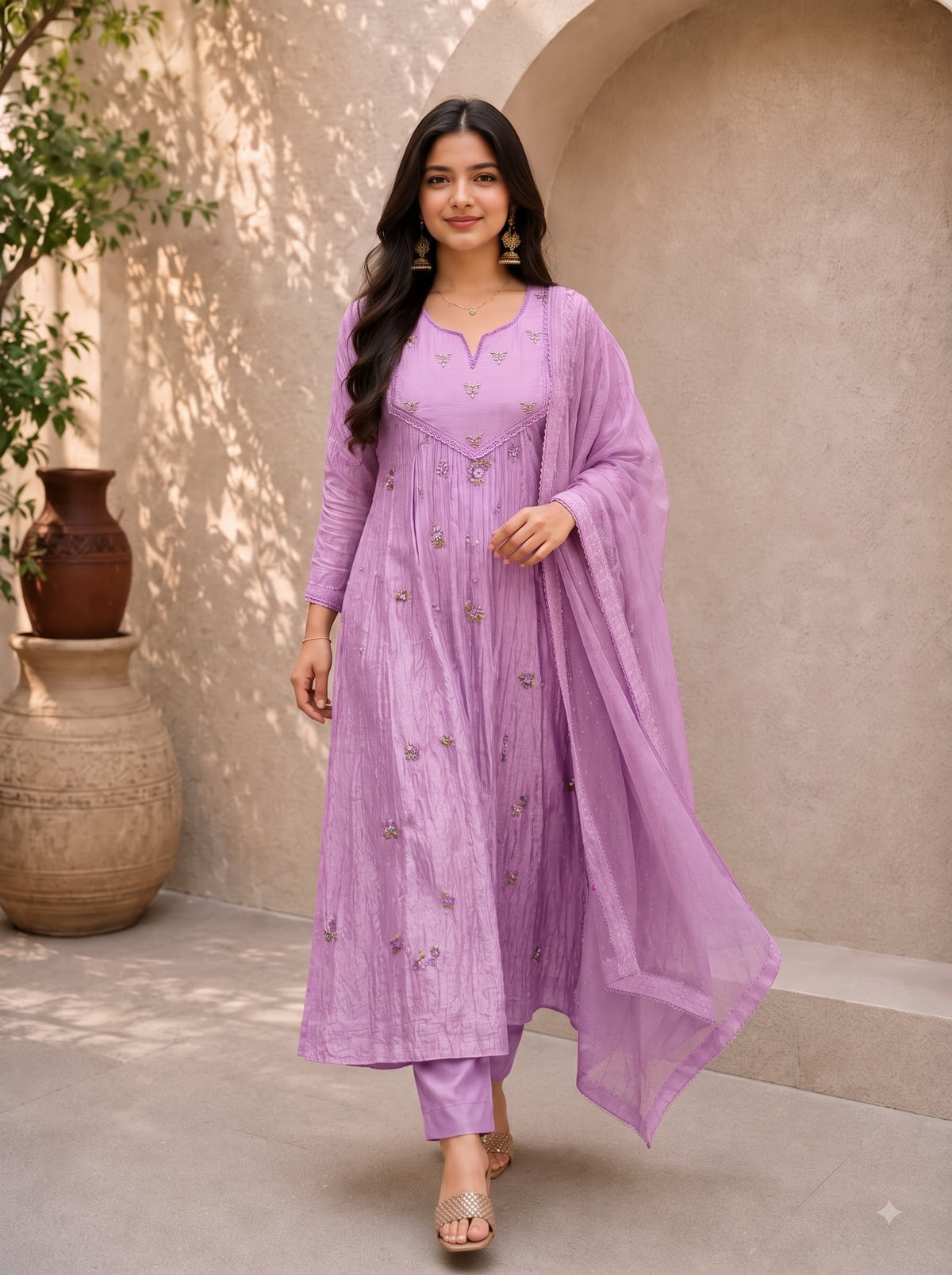 Lavender Chanderi Embroidered Anarkali Suit